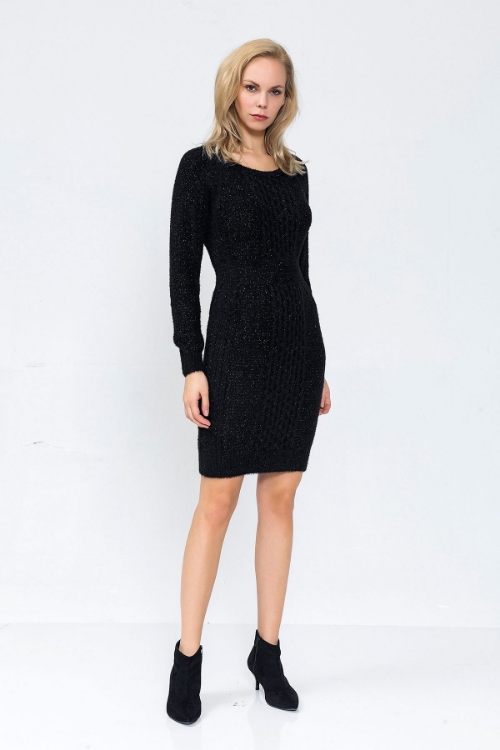 Picture of Woman Black Silvery Knitwear Daily Dress