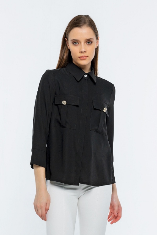 Picture of Woman Black Bag Pocket Buttoned three quarter Trojan Sleeve Blouse