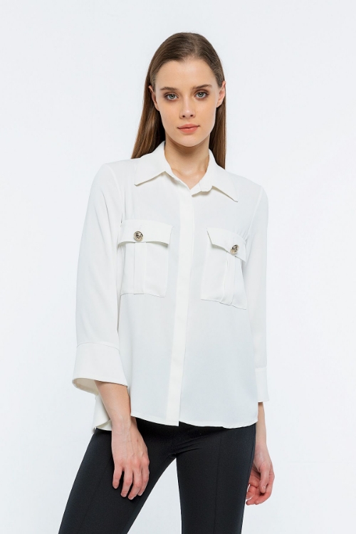 Picture of Woman White Bag Pocket Buttoned three quarter Trojan Sleeve Blouse