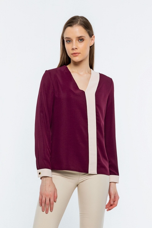 Picture of Woman Bordeux Maroon V Neck Two Colour Work Blouse