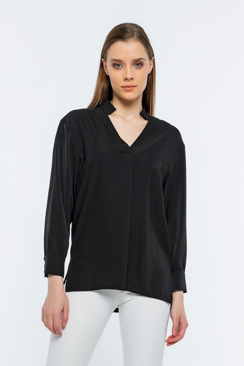 Picture of Woman Black V Neck Well Slit Blouse