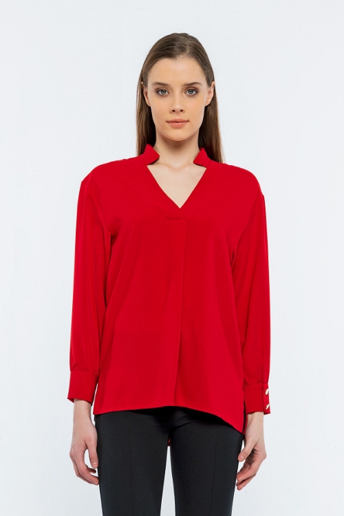 Picture of Woman Red V Neck Well Slit Blouse