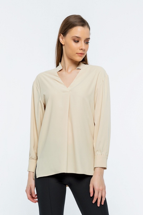 Picture of Woman Beige V Neck Well Slit Blouse