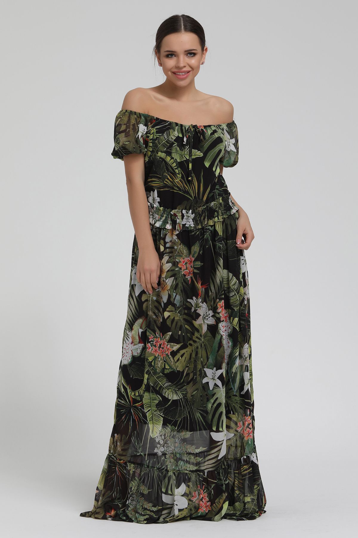 Yaprak Desenli Açık Omuzlu Uzun Şifon Elbise resmi