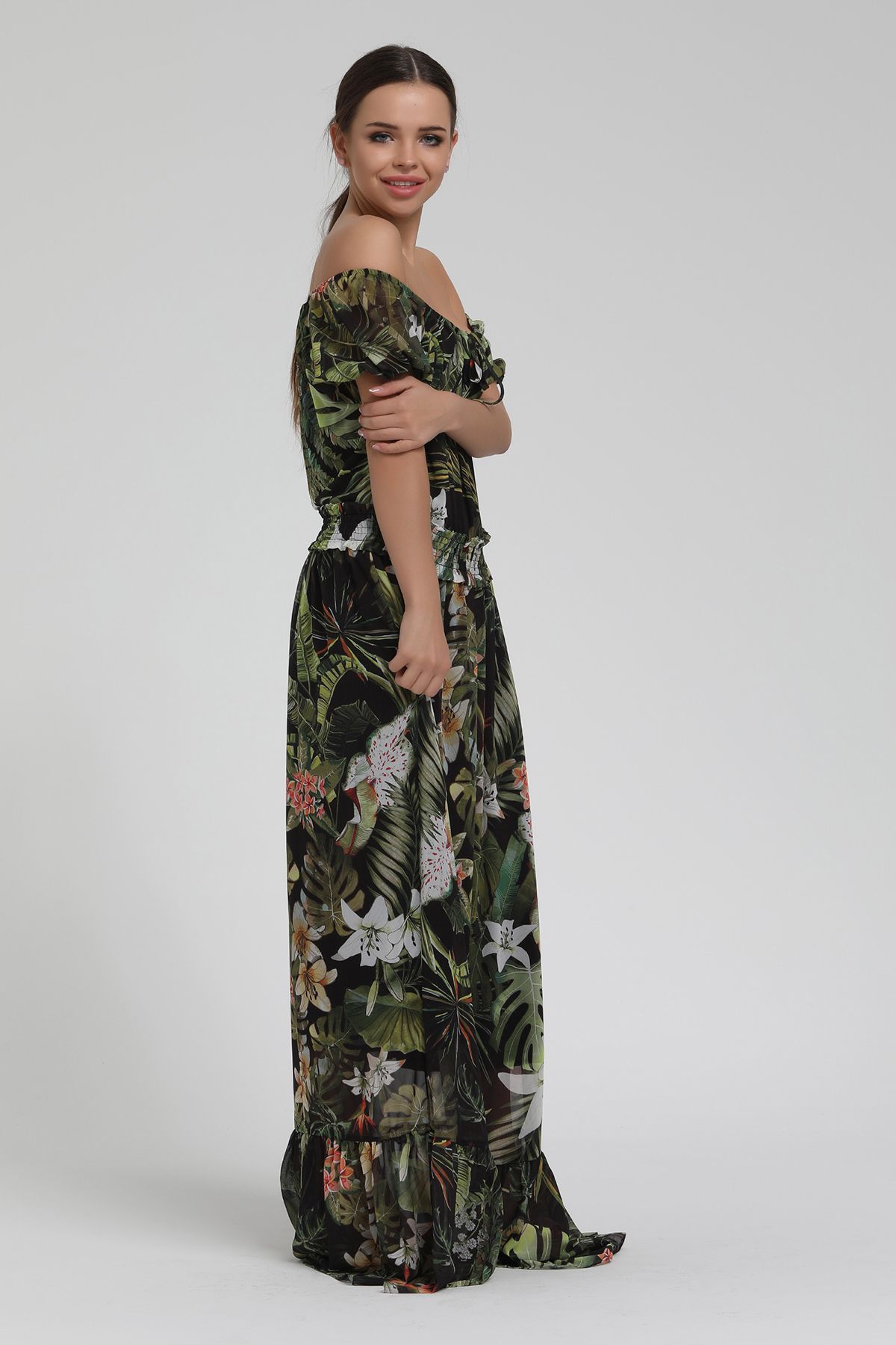 Yaprak Desenli Açık Omuzlu Uzun Şifon Elbise resmi