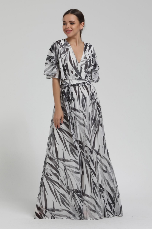 Picture of Woman Black - White leaf Patterned handles Ruffle Long Maxi Dress