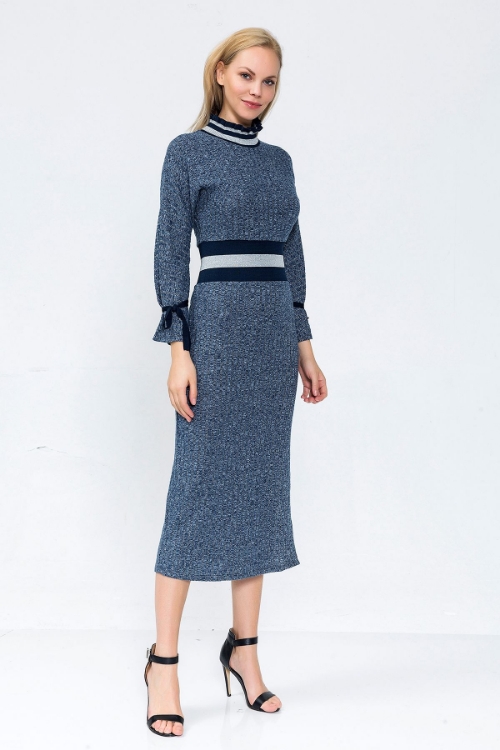 Picture of Woman Indigo Blue indigo Slit ribbed Long Maxi Knitwear Dress