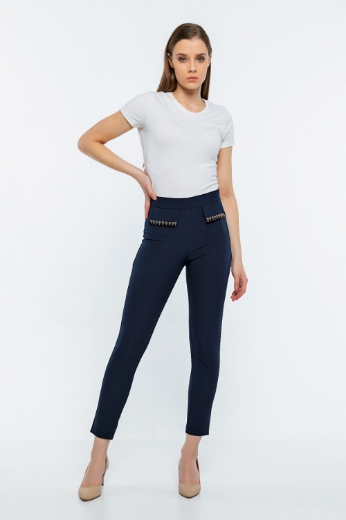 Picture of Woman Navy Navy Blue High Waist Pocket Detailed Trousers