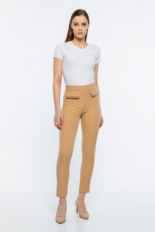 Picture of Woman Camel High Waist Pocket Detailed Trousers