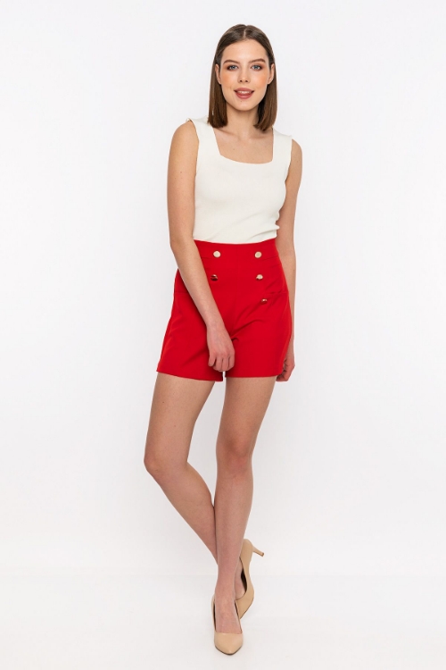 Picture of Woman Red High Waist Dügme Detayli Sort