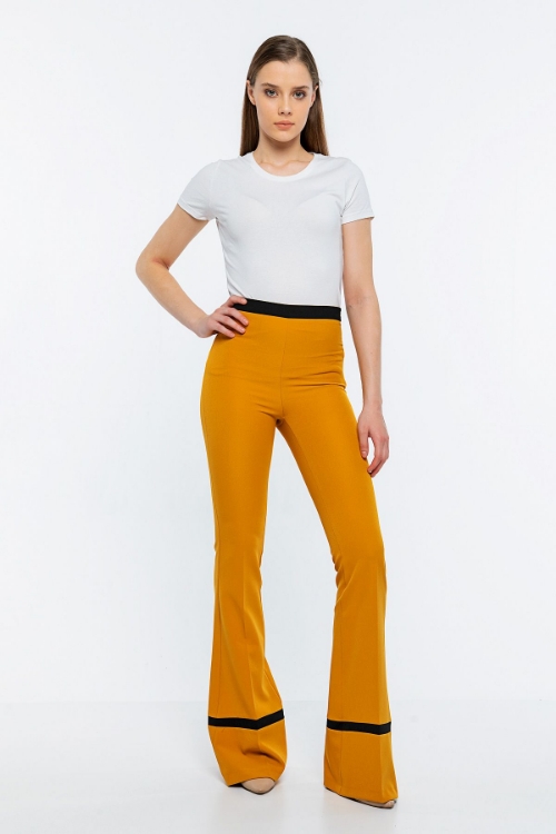 Picture of Woman Mustard Mustard Yellow High Waist garnished Flare Trotter Trousers