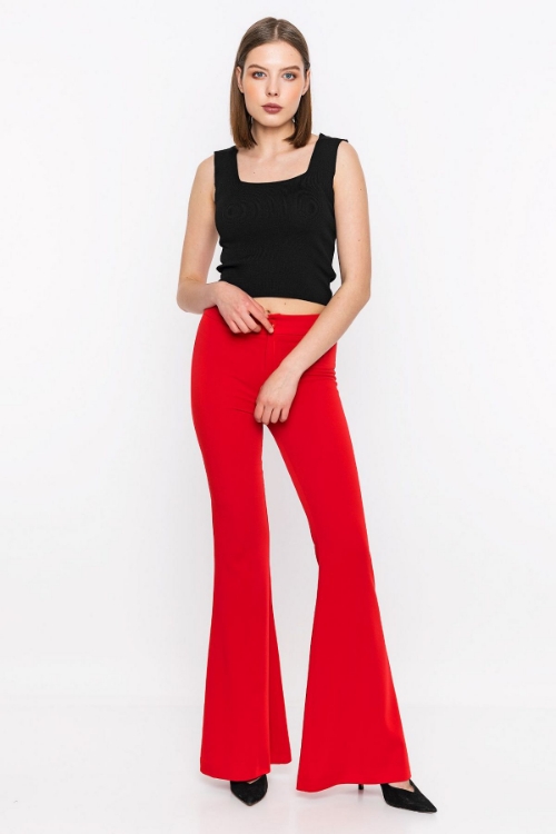 Kadın Kırmızı Yüksek Bel İspanyol Paça Pantolon resmi