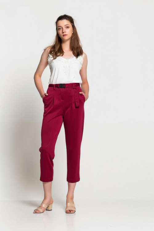 Picture of Woman Bordeux Maroon High Waist Belt Detailed Trousers