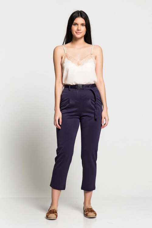 Picture of Woman Navy Navy Blue High Waist Belt Detailed Trousers