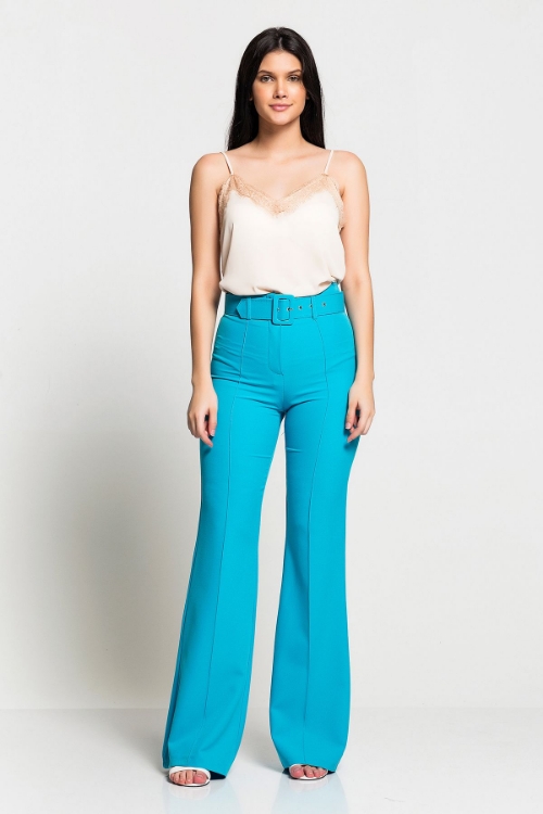 Picture of Woman Blue High Waist Belted Flare Trotter Trousers