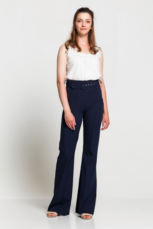 Picture of Woman Navy Navy Blue High Waist Belted Flare Trotter Trousers