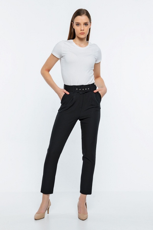 Picture of Woman Black High Waist Belted Work Trousers