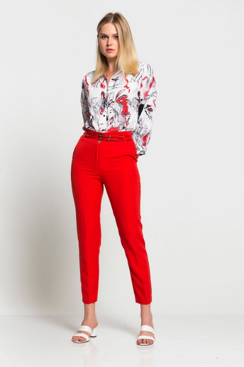 Picture of Woman Red High Waist Belted Trousers