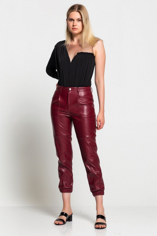 Picture of Woman Bordeux Maroon High Waist Trotter Detailed Leather Trousers