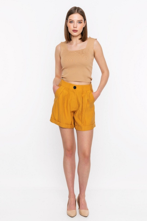 Picture of Woman Mustard Mustard Yellow High Waist pleat Detayli Sort