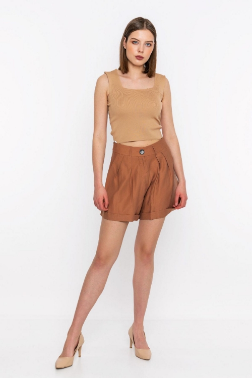 Picture of Woman Brown High Waist pleat Detayli Sort