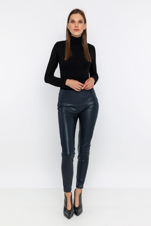 Picture of Woman Navy Navy Blue High Waist side Zipped Leather Trousers