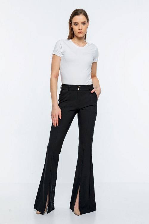 Picture of Woman Black High Waist Slit Flare Trotter Trousers