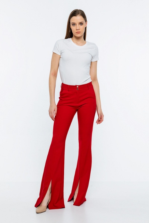 Kadın Kırmızı Yüksek Bel Yırtmaçlı İspanyol Paça Pantolon resmi