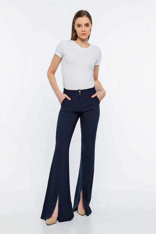 Picture of Woman Navy Navy Blue High Waist Slit Flare Trotter Trousers