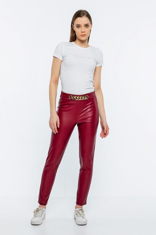 Picture of Woman Bordeux Maroon Chain Detailed Leather Trousers